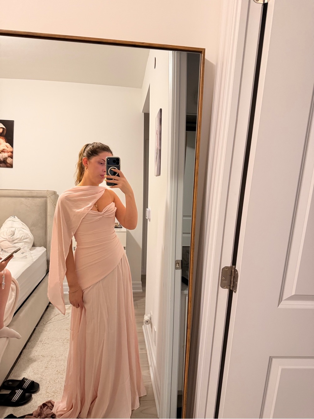 One-Shoulder Blush Pink Draped Evening Gown - Picture 2 of 2